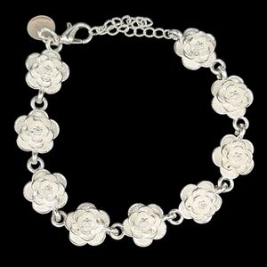 925 Sterling Silver Flower Rose Bracelet Bangle Adjustable